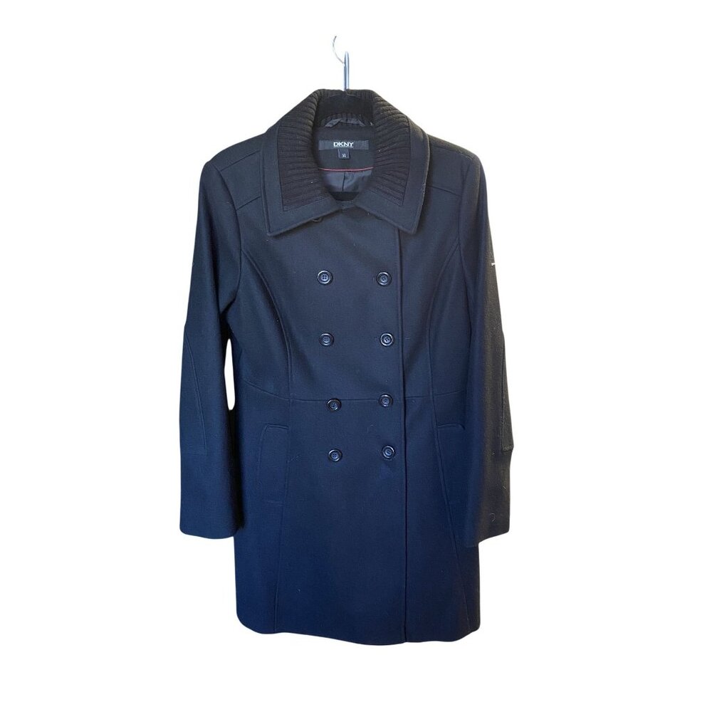 DKNY Womens Black Double-Breasted Wool Blend Coat Size 14 CB01 X